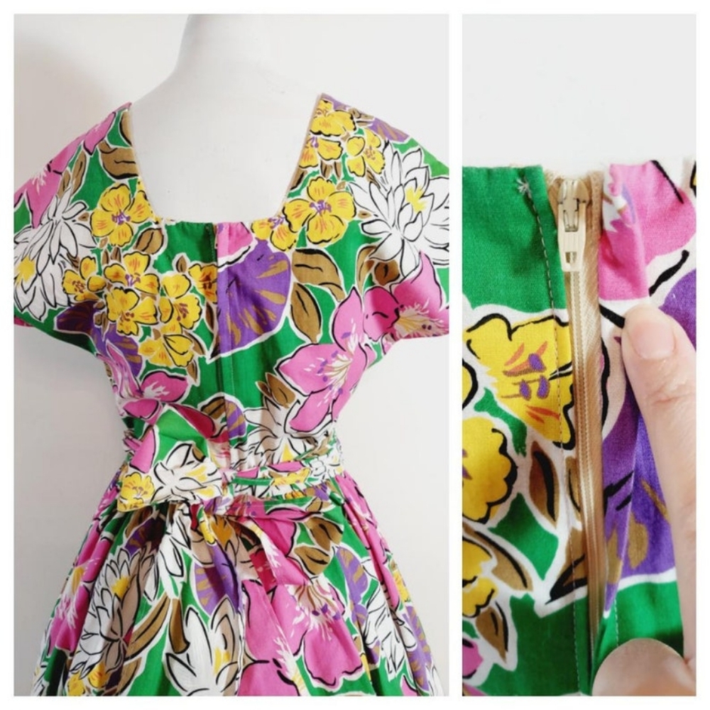 Vibrant Vintage 50s floral dress cotton handmade tropical dress - Picture 9 of 10